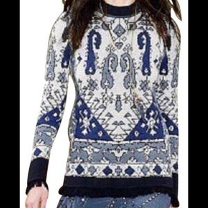 Tory Burch Malibu Blue Fringe Wool Sweater Medium